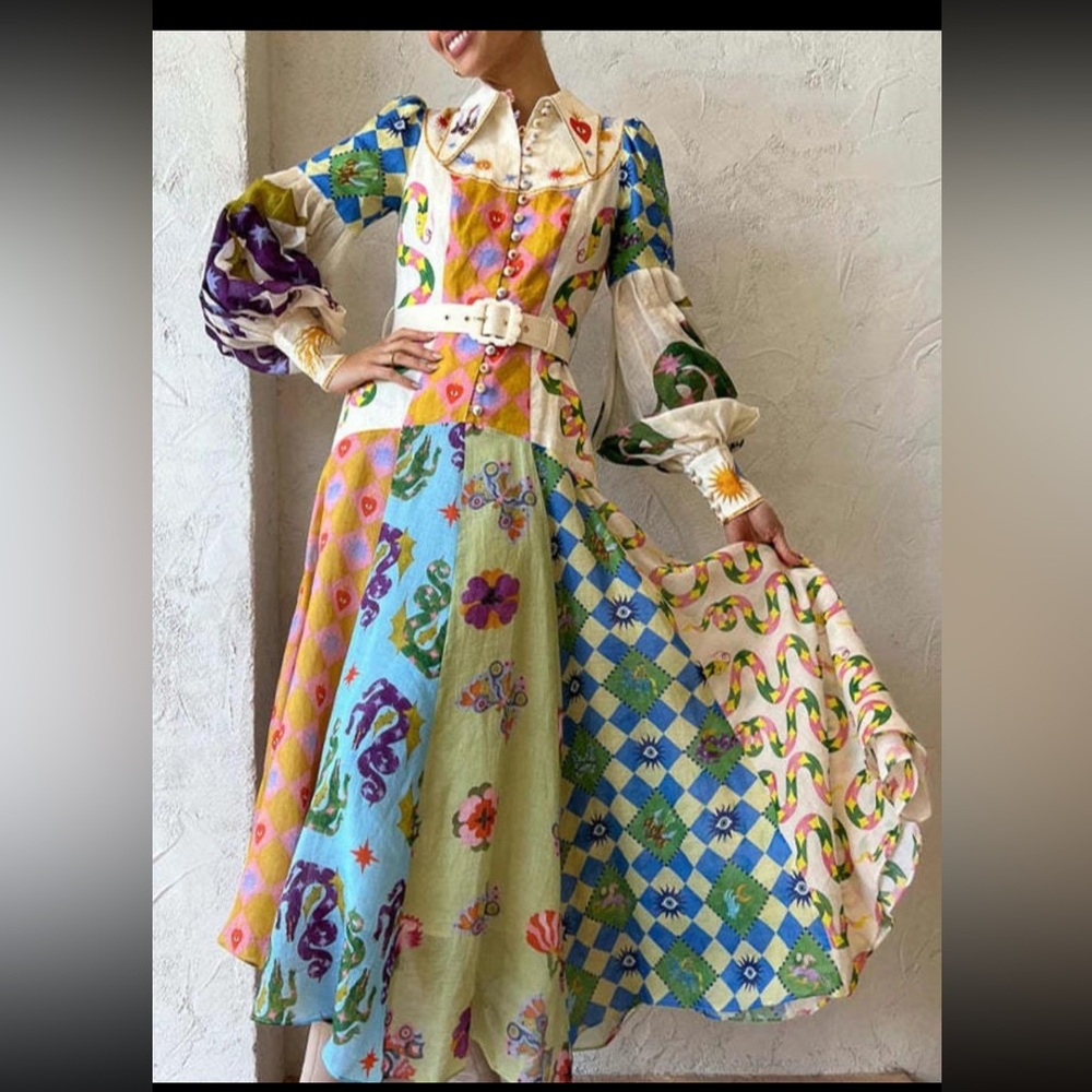 Multicolored Alice in Wonderland-like dress with bishop sleeves. Sz Large NWOT